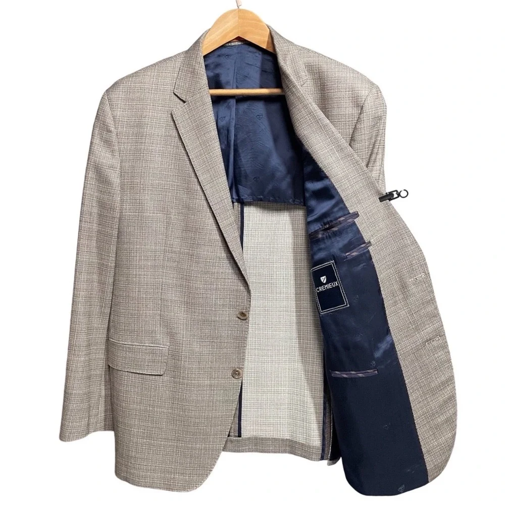 Cremieux Mens 48L Blazer Sport Coat 100% Wool Micro Check Brown Tan 2-Button